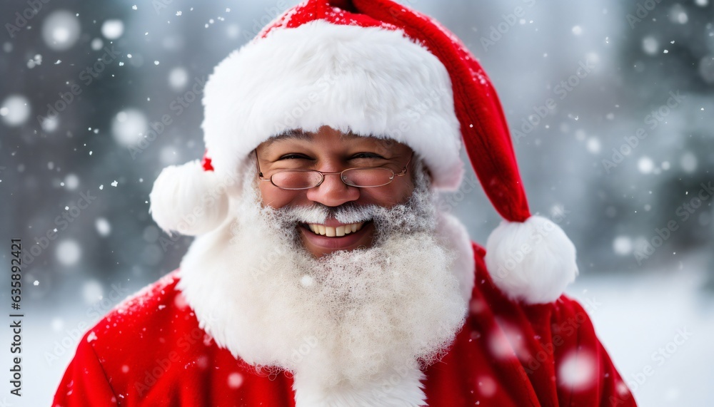 African-American Santa Claus Black afro Santa in white snow African-American Santa Claus Black afro Santa in white snow