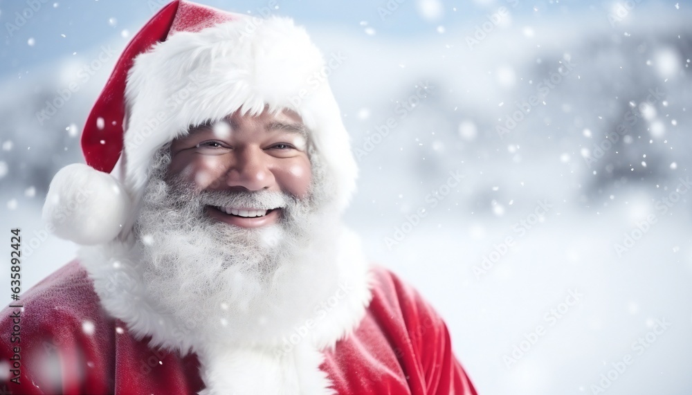 African-American Santa Claus Black afro Santa in white snow African-American Santa Claus Black afro Santa in white snow