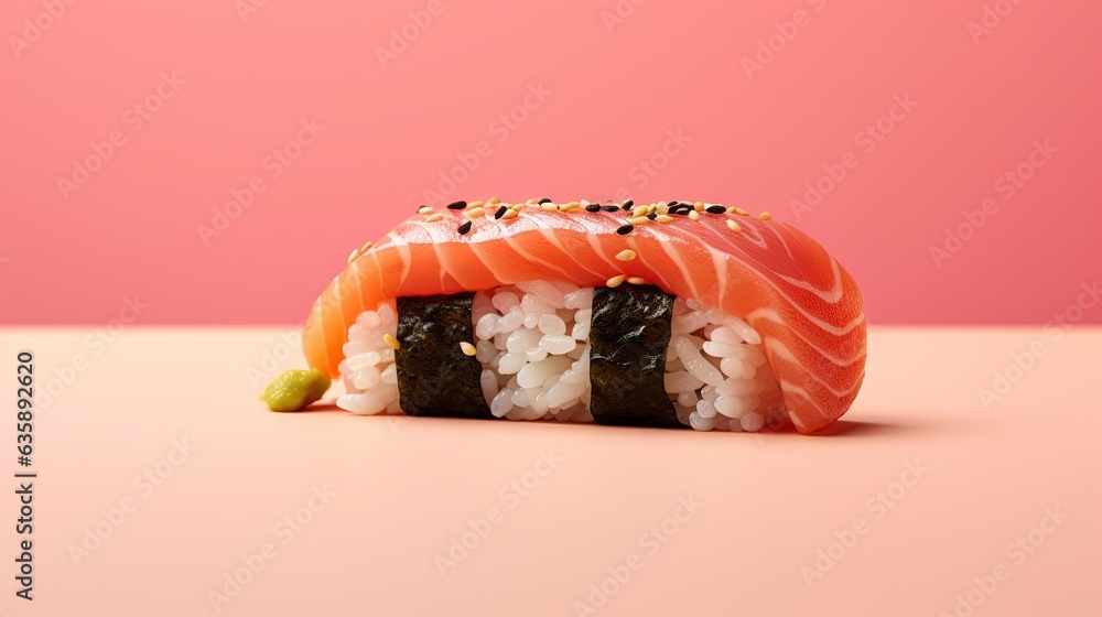 a sushi with rice and salmon on a pink background. generative ai a sushi with rice and salmon on a pink background. generative ai