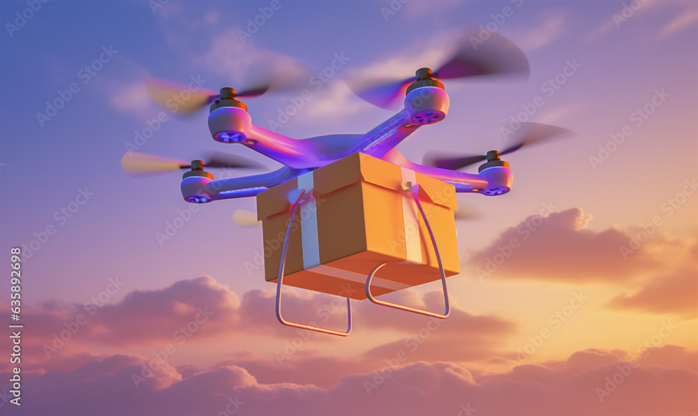 delivery fast technology drone cargo aircraft air fly blue helicopter. Generative AI.