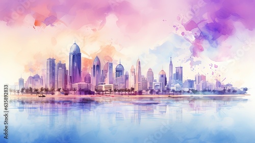  a watercolor painting of a city skyline with a purple sky. generative ai