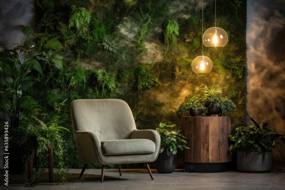 Trendy chair with cushions, table, and indoor plants by illuminated wall in a room.