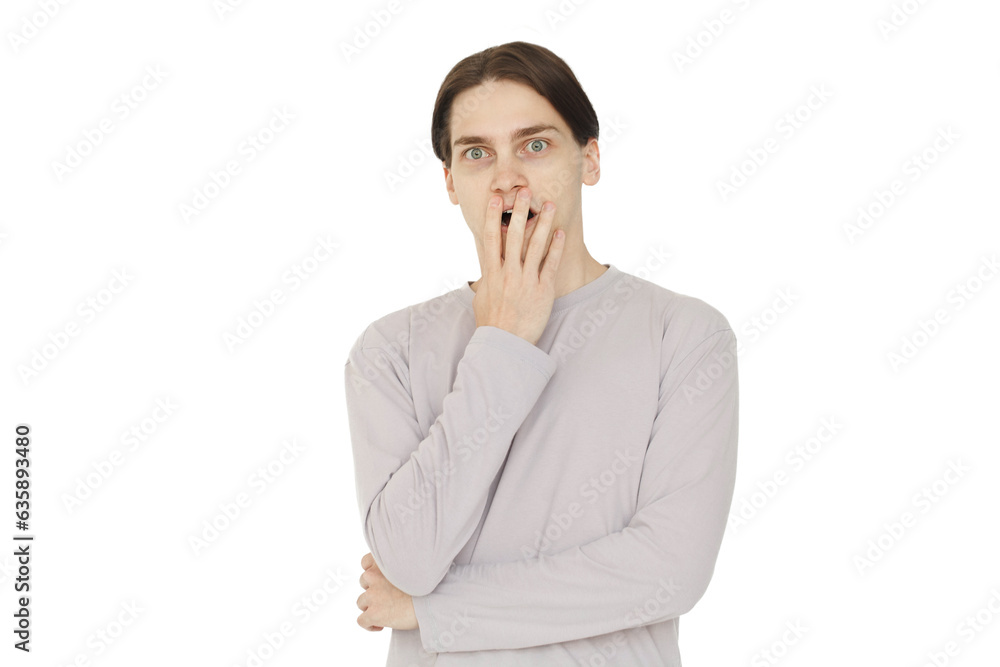 Shocked man isolated on white studio wall background Shocked man isolated on white studio wall background