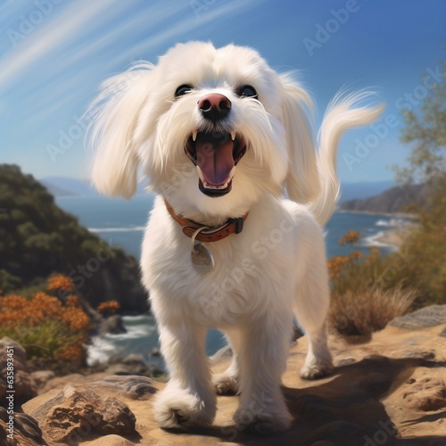 A photorealistic happy Maltese dog in natural setting