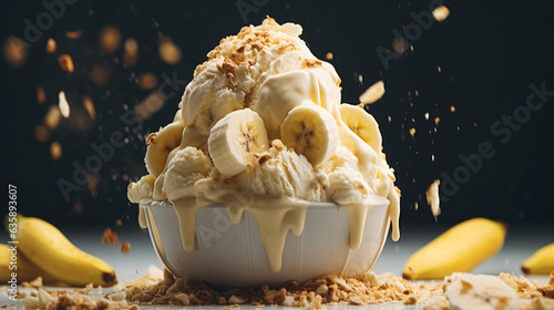 Bowl of banana ice cream and banana on dark background