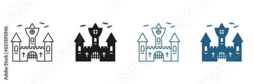 Gothic Spooky Castle Pictogram Black and Color Set. Vampire Dracula Scary Castle Line and Silhouette Icons. Dark Old Castle for Halloween Celebration Symbols. Isolated Vector Illustration