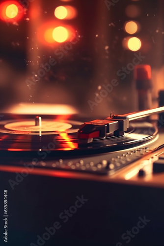 Dynamic Spin: Vibrant Vinyl Record with Trailing Lights at a Funky DJ Party - AI generated