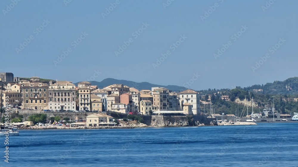 Fototapeta premium corfu city center buildings sailboat greece