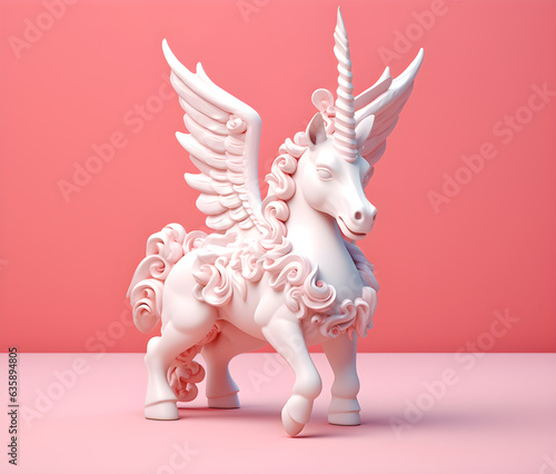 Cute White Unicorn Toddler Statue on Pink Background, Ai Generated photo