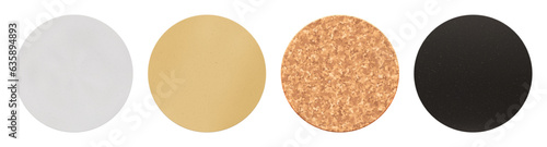 Set of round cardboard beer coasters mockup. Empty bierdeckel sample isolated from background. Carton circle for branding and applying a logo under a hot cup or a wet glass.
