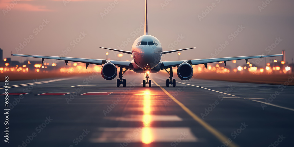 Ready for departure, Airplane prepares for takeoff on airport runway, front view, horizontal wallpaper. Ready for departure, Airplane prepares for takeoff on airport runway, front view, horizontal wallpaper.
