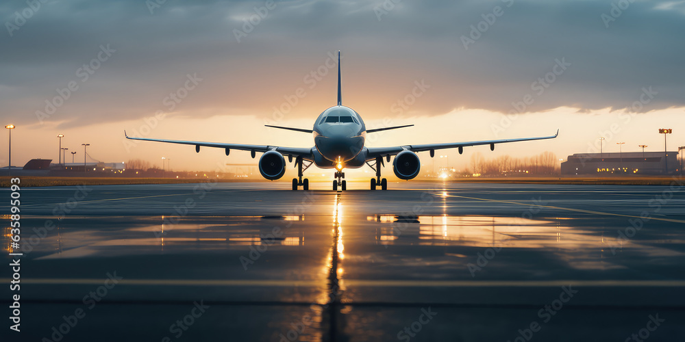 Ready for departure, Airplane prepares for takeoff on airport runway, front view, horizontal wallpaper.  - obrazy, fototapety, plakaty 