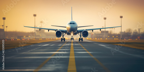 Ready for departure, Airplane prepares for takeoff on airport runway, front view, horizontal wallpaper. 