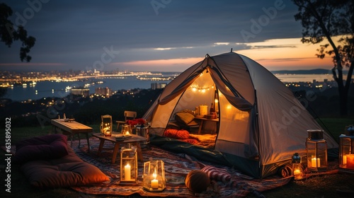 Generative AI, romantic camping with lantern lights, pillows, blanket. City view in the evening