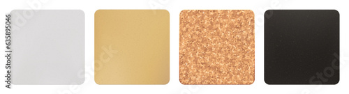 Set of square beer coasters with rounded corners mockup. Blank bierdeckels isolated from the background. Cardboard sample for branding and applying a logo to put under a hot cup or a wet glass.