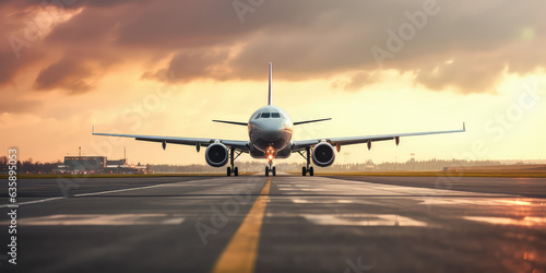 Ready for departure, Airplane prepares for takeoff on airport runway, front view, horizontal wallpaper. 