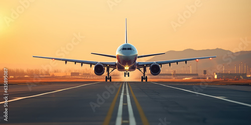 Ready for departure, Airplane prepares for takeoff on airport runway, front view, horizontal wallpaper. 