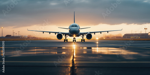 Ready for departure, Airplane prepares for takeoff on airport runway, front view, horizontal wallpaper.  photo
