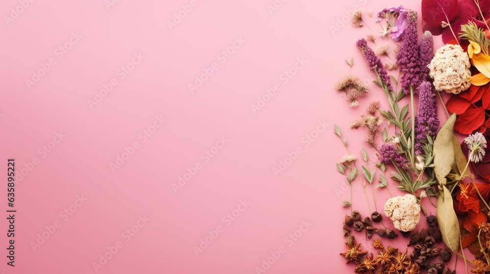a bunch of flowers on a pink background with space for text. generative ai a bunch of flowers on a pink background with space for text. generative ai