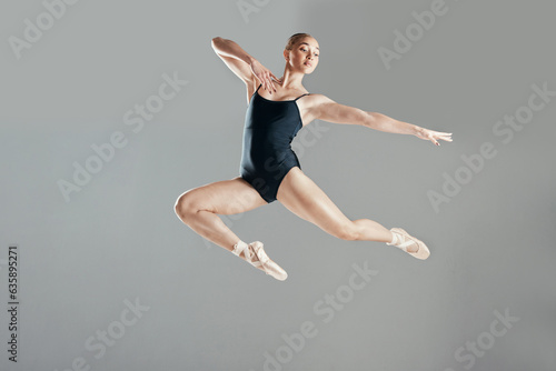Jump, ballet or woman in studio on mockup space for wellness, creative or artistic performance. Talent, dancer or girl ballerina dancing or training to exercise in practice motion on white background