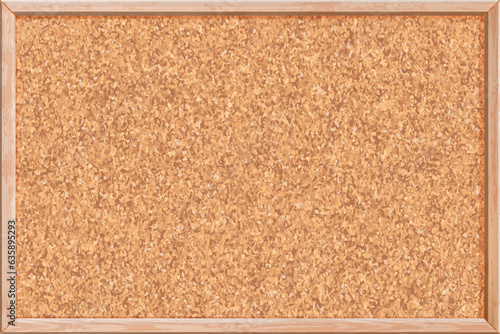 Cork noticeboard with texture in brown wooden frame. Message board with a grainy pattern for pinning notes, to-do lists, photos. School background. Vector illustration.