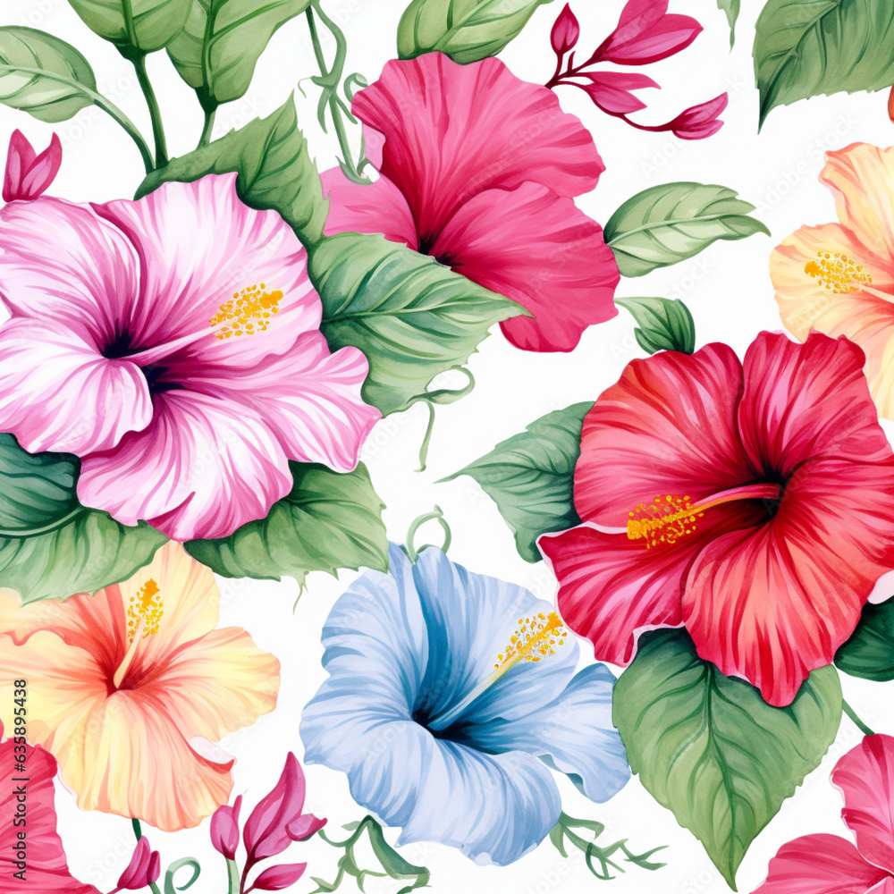 custom made wallpaper toronto digitalSeamless background, variety color of hibiscus flowers. Generative Ai.