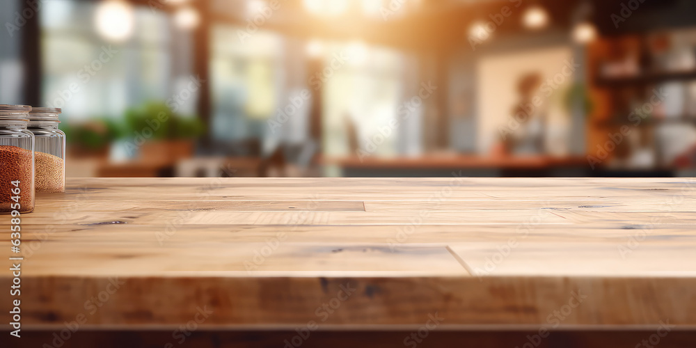 Rustic wooden counter with a backdrop of a blurred retail shop, empty table mockup for showing products.