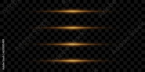 Pack of bright horizontal highlights, rays, lines on a transparent background. Laser beams, horizontal light beams.