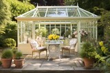 Glass conservatory in garden with furniture