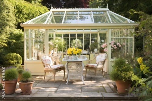 Slika na platnu Glass conservatory in garden with furniture