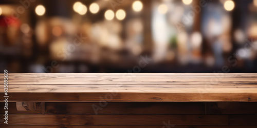 Rustic wooden counter with a backdrop of a blurred retail shop, empty table mockup for showing products. © dinastya