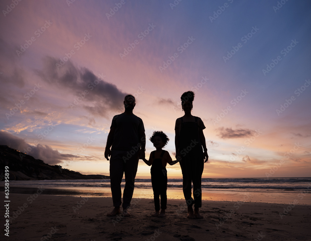 Shadow, family at beach and holding hands at sunset, bonding or outdoor on mockup space. Silhouette, sea and father, kid and mother at ocean in care, summer holiday and vacation to travel together