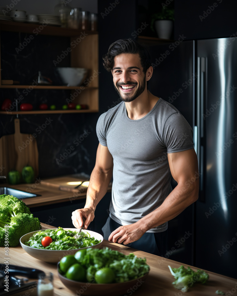 Muscular man wearing workout clothes and cooking salad in the kitchen with smile Muscular man wearing workout clothes and cooking salad in the kitchen with smile