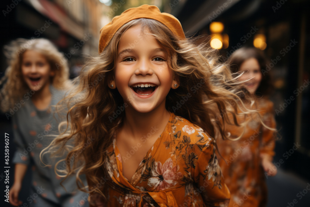 Fototapeta premium Shot of three sisters portrait happily smiling in middle of the street, with beautiful light and clothing and long wavy hair