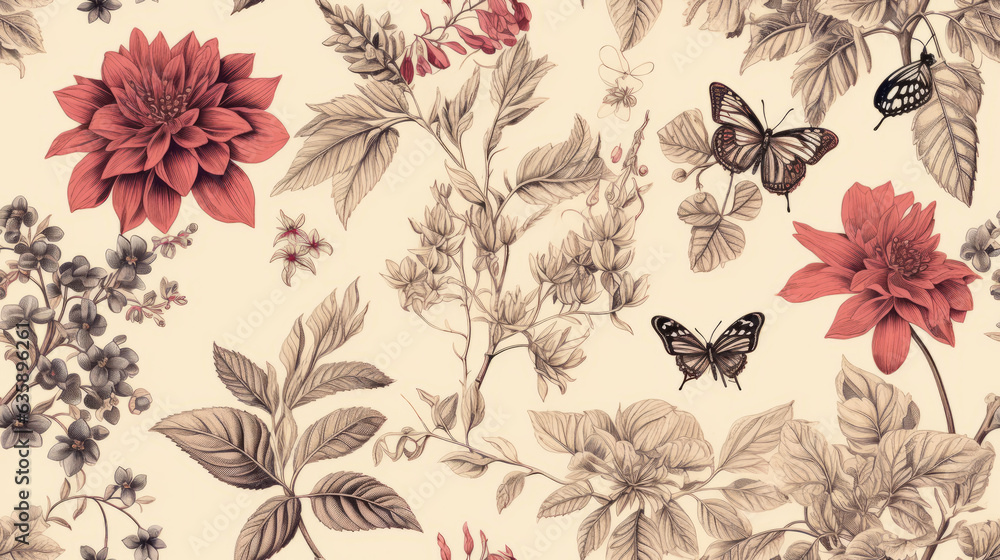 Seamless pattern background featuring a collection of vintage botanical illustrations with flowers and leaves in muted colors - obrazy, fototapety, plakaty 