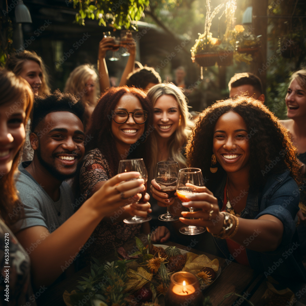 Young cheerful people toast each other with glasses raised, AI generated