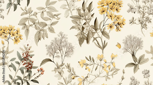 Fototapeta Naklejka Na Ścianę i Meble -  Seamless pattern background featuring a collection of vintage botanical illustrations with flowers and leaves in muted colors
