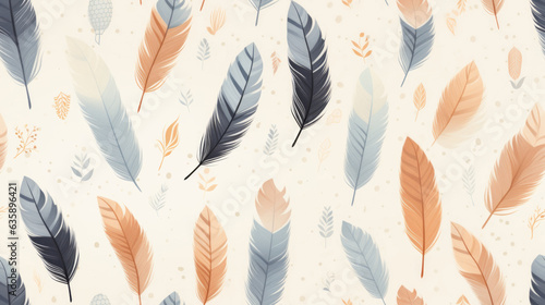 Seamless pattern background showcasing a collection of hand-drawn feathers arranged in a slightly randomized manner, with varying sizes and angles