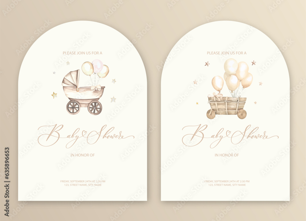 Naklejka premium Cute baby shower watercolor invitation card for baby and kids new born celebration with baby carriage.