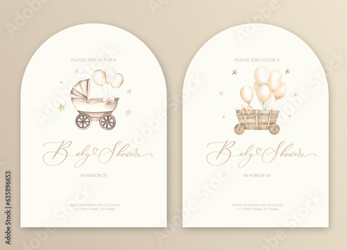 Cute baby shower watercolor invitation card for baby and kids new born celebration with baby carriage.
