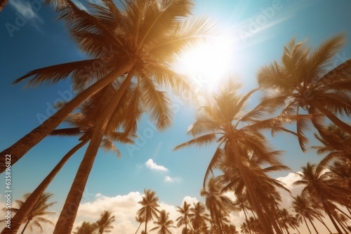 sun ocean palm landscape beach island sky sea sunset sunrise. Generative AI.