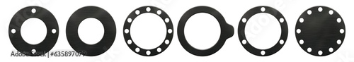 Set of round black rubber gaskets with various kind of holes and light texture. Insulation of pipelines and cars in flanged connections photo