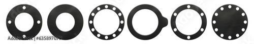 Set of round black rubber gaskets with various kind of holes and light texture. Insulation of pipelines and cars in flanged connections