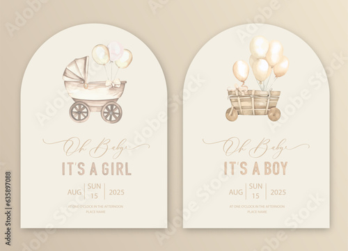 Cute baby shower watercolor invitation card for baby and kids new born celebration. Its a girl, Its a boy card with baby stroller, dress and balls.