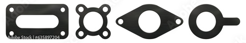 A set of black rubber gaskets of various shapes with holes and a light texture. Insulation of pipelines and vehicles in flanged joints