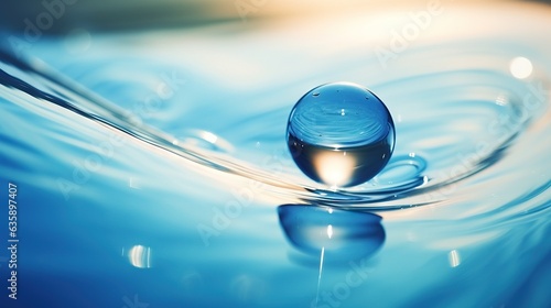  a drop of water that is floating in the air on a blue surface. generative ai