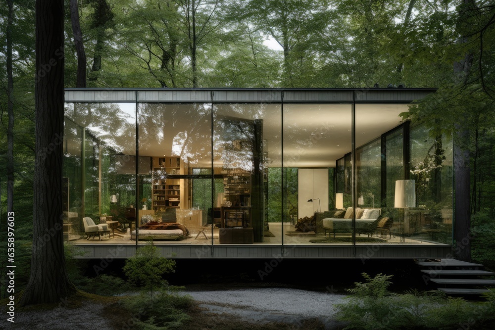 Fototapeta premium a house surrounded by trees and with internal content, seen from the front.