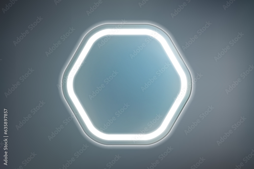 Hexagonal mirror with rounded corners with built-in white LED light on a dark wall. Contemporary bathroom lighting Hexagonal mirror with rounded corners with built-in white LED light on a dark wall. Contemporary bathroom lighting