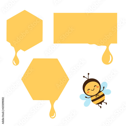 Hexagon and rectangle speech sign with honey drop and bee cartoon isolated on white background vector illustration.