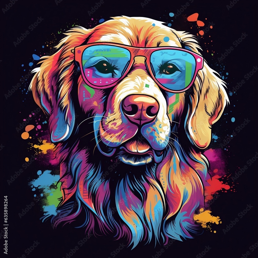 A retro-inspired shirt design showcasing a neon dog in a vibrant, multicolored retro tie-dye pattern